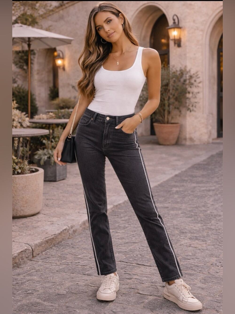 Lucky Brand Black Straight-Leg Jeans with White Side Stripe Size 2